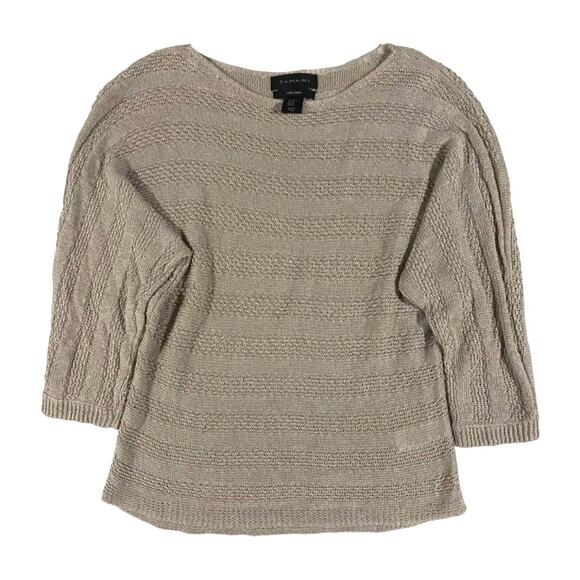 Tahari 100% Linen Tan Beige Sweater XS Preppy Cottage Minimalist Neutral Crochet - Picture 2 of 7